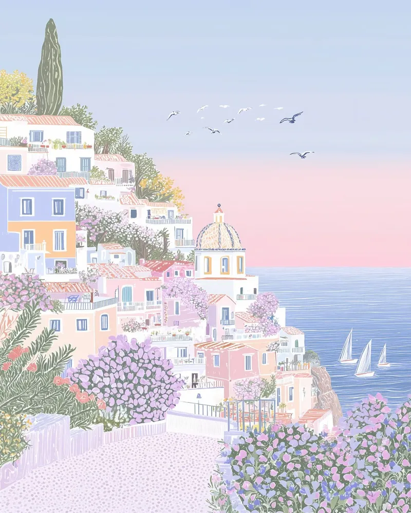 Amalfikust Poster, Zonsondergang Print, Italië Prints, Hippe Kunst canvas met Baklijst van Gaia