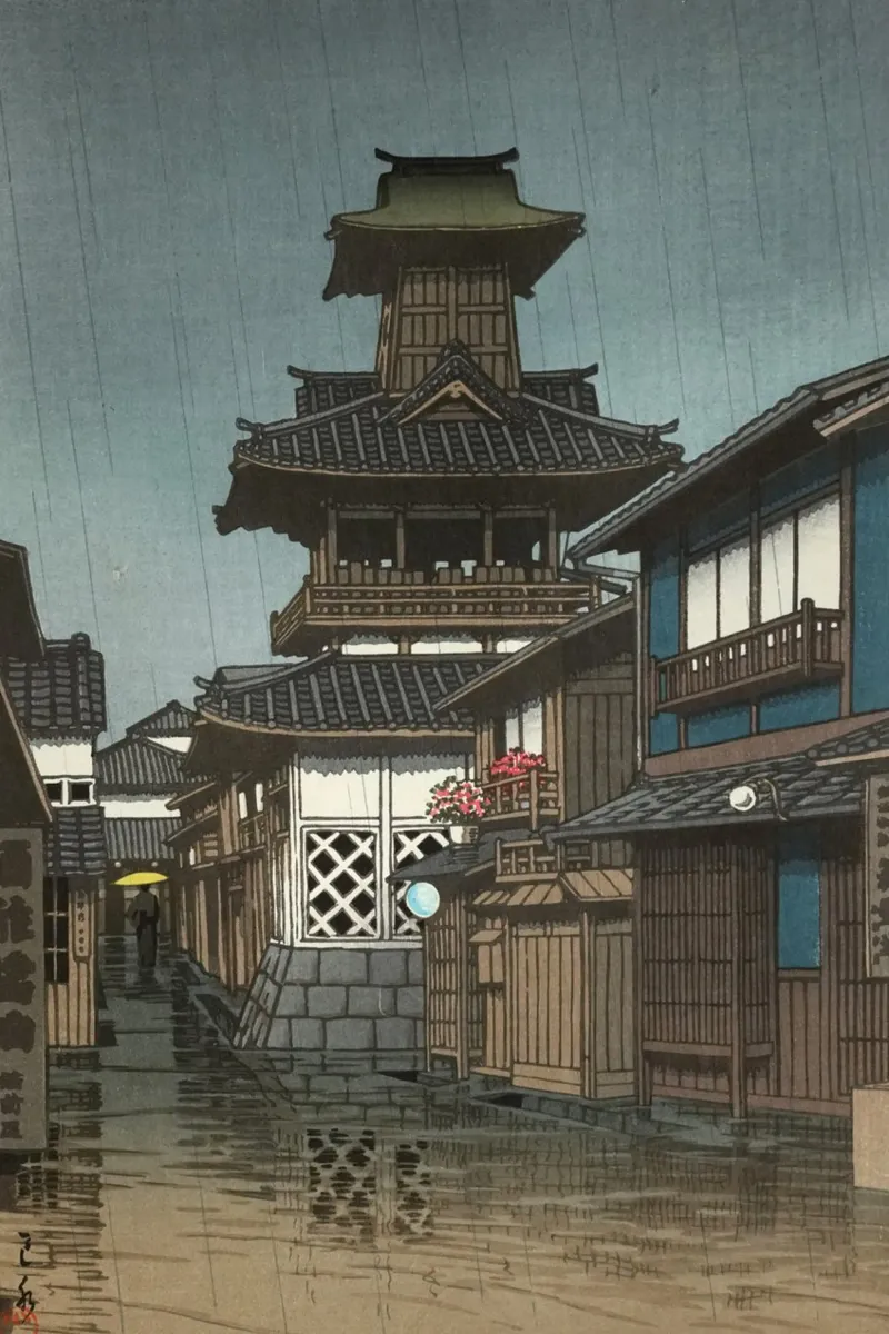 Ukiyo-e: Pittura giapponese, Campanile di Okayama di Hasui poster con telaio in alluminio da Aesthetic Muse