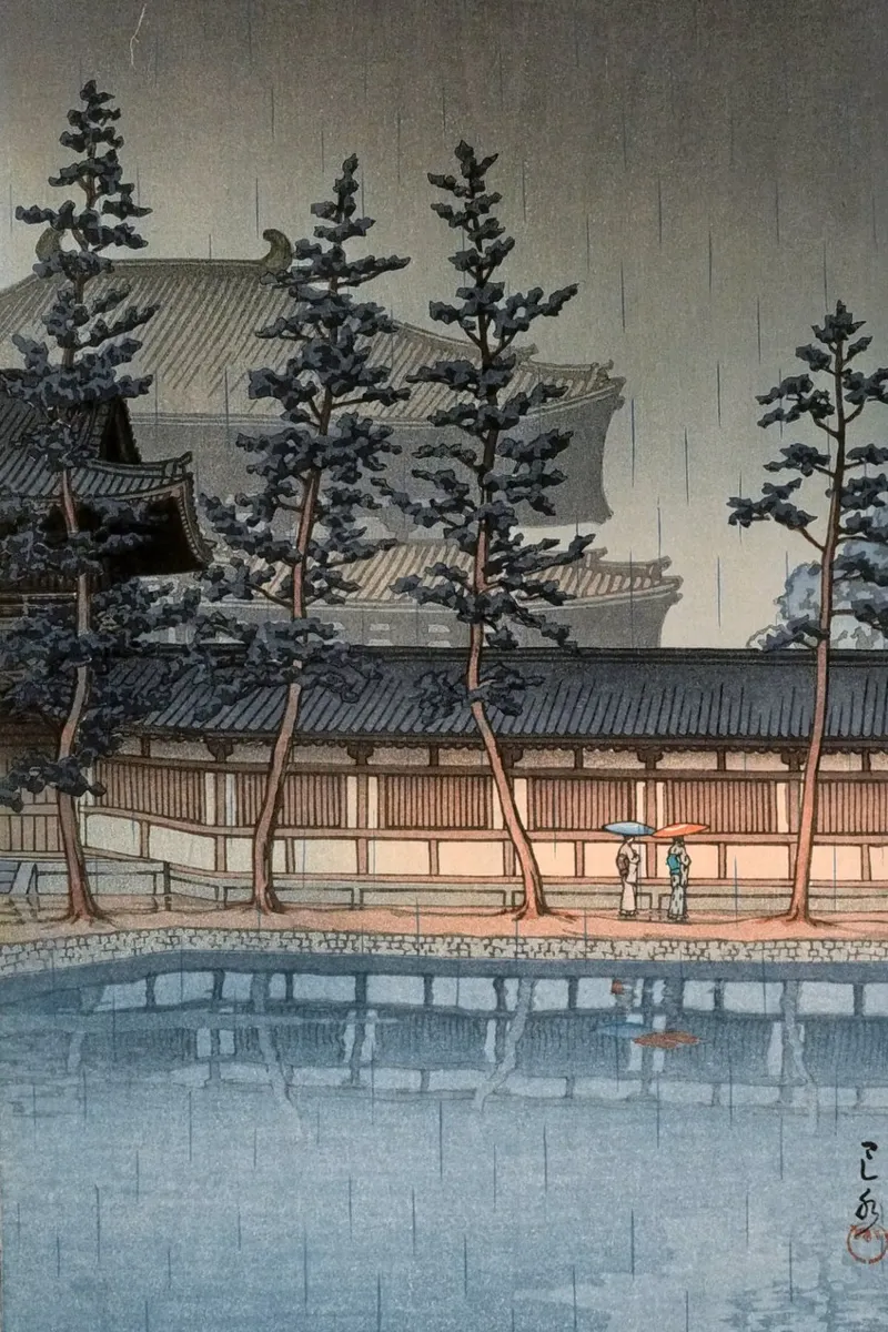 Ukiyo-e: Paesaggio giapponese, Daibutsu-den Nara, Hasui poster con telaio in legno da Aesthetic Muse