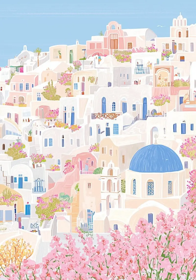 Santorini Griekenland Pastel Print, Muurkunst Reizen hahnemühle van Gaia