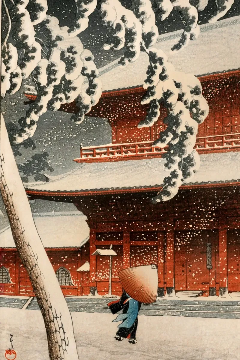 Ukiyo-e: Paesaggio giapponese, Tempio Zojo nella neve Shiba Hasui pellicola backlit da Aesthetic Muse