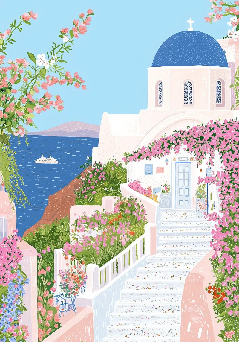 Santorini Print, Griekse Eilanden, Reisposter Oia Wanddecoratie canvas van Gaia