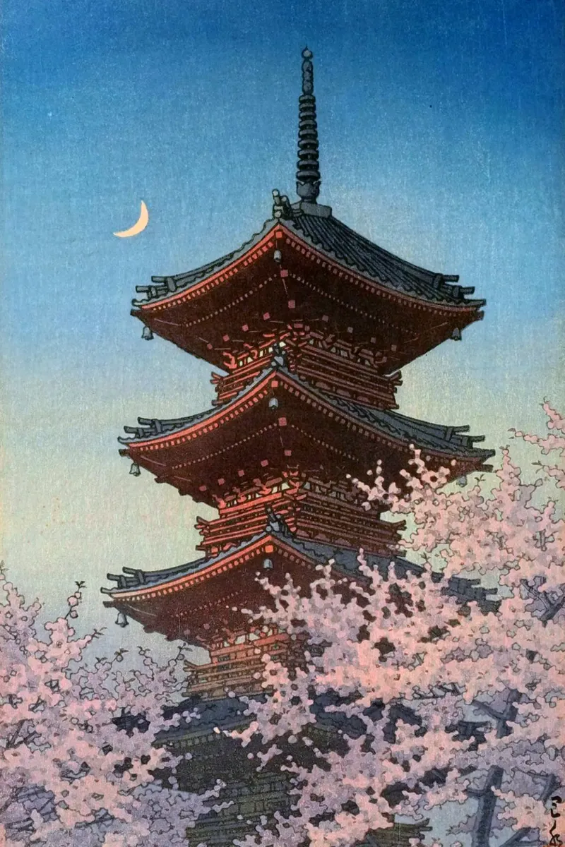 Ukiyo-e: Serata di primavera al Santuario Toshogu, Ueno di Hasui pellicola backlit da Aesthetic Muse