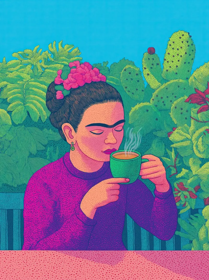 🎨 Frida Kahlo et le café - Imprimé d'art mexicain botanique pour le café alu dibond de Kaji