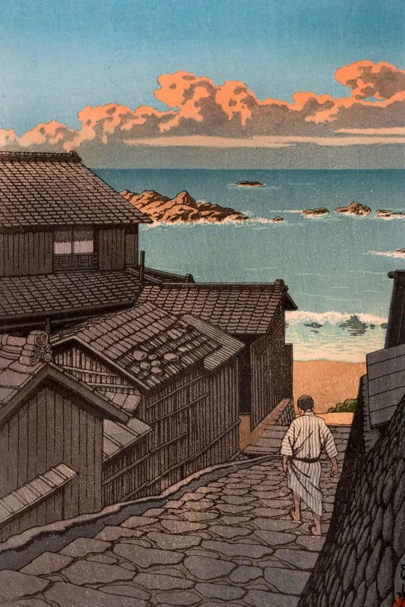 Ukiyo-e: Japans landschap, Namikiri in Shima, Hasui canvas met Baklijst van Aesthetic Muse