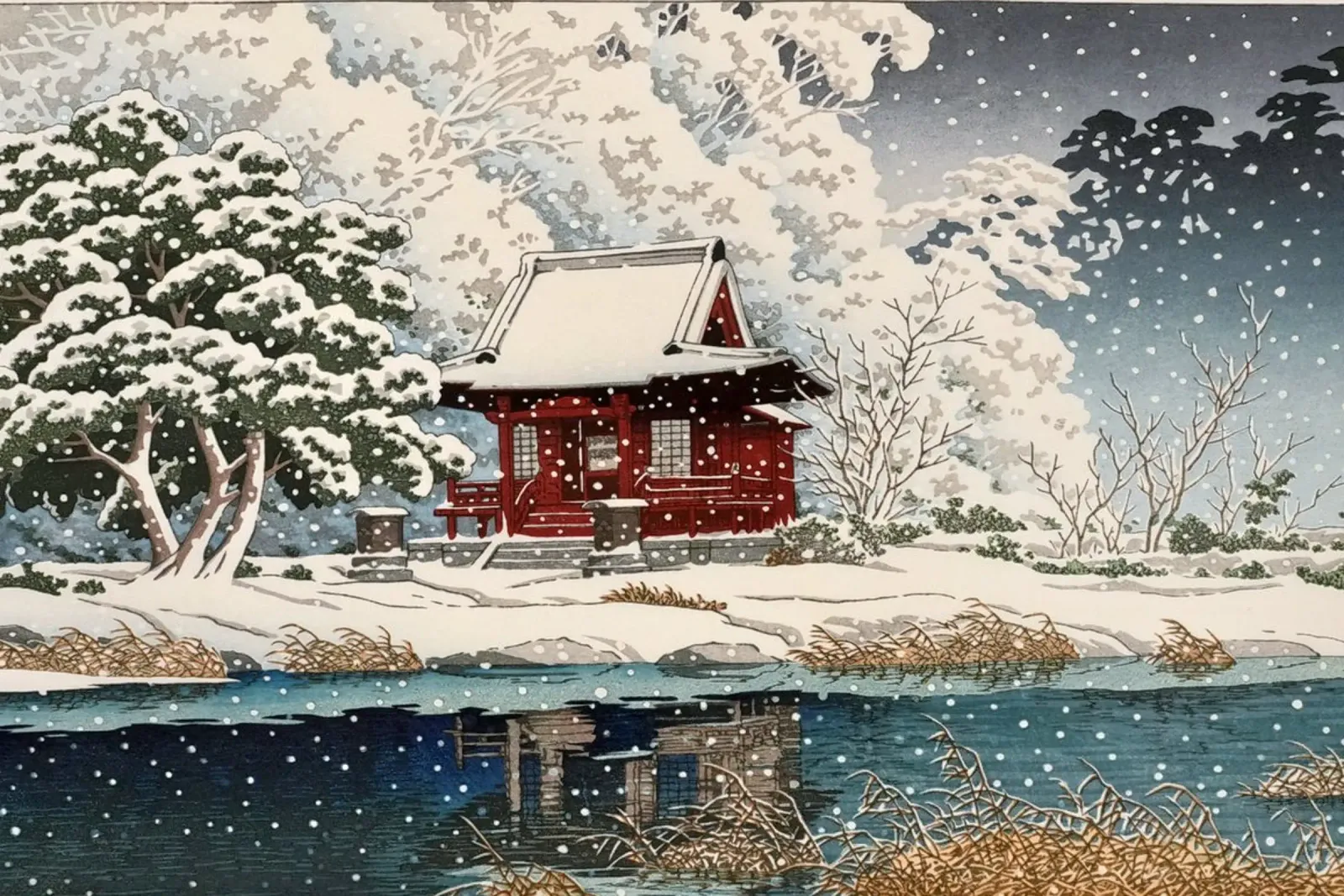 Ukiyo-e: paesaggio, Neve all'ingresso del santuario Benten, Hasui poster con telaio in legno da Aesthetic Muse