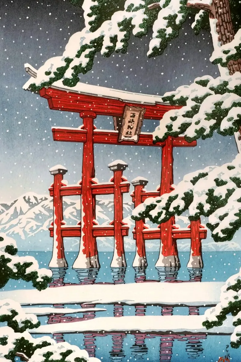 Ukiyo-e: Japans landschap, Miyajima in sneeuw, Hasui canvas met Baklijst van Aesthetic Muse