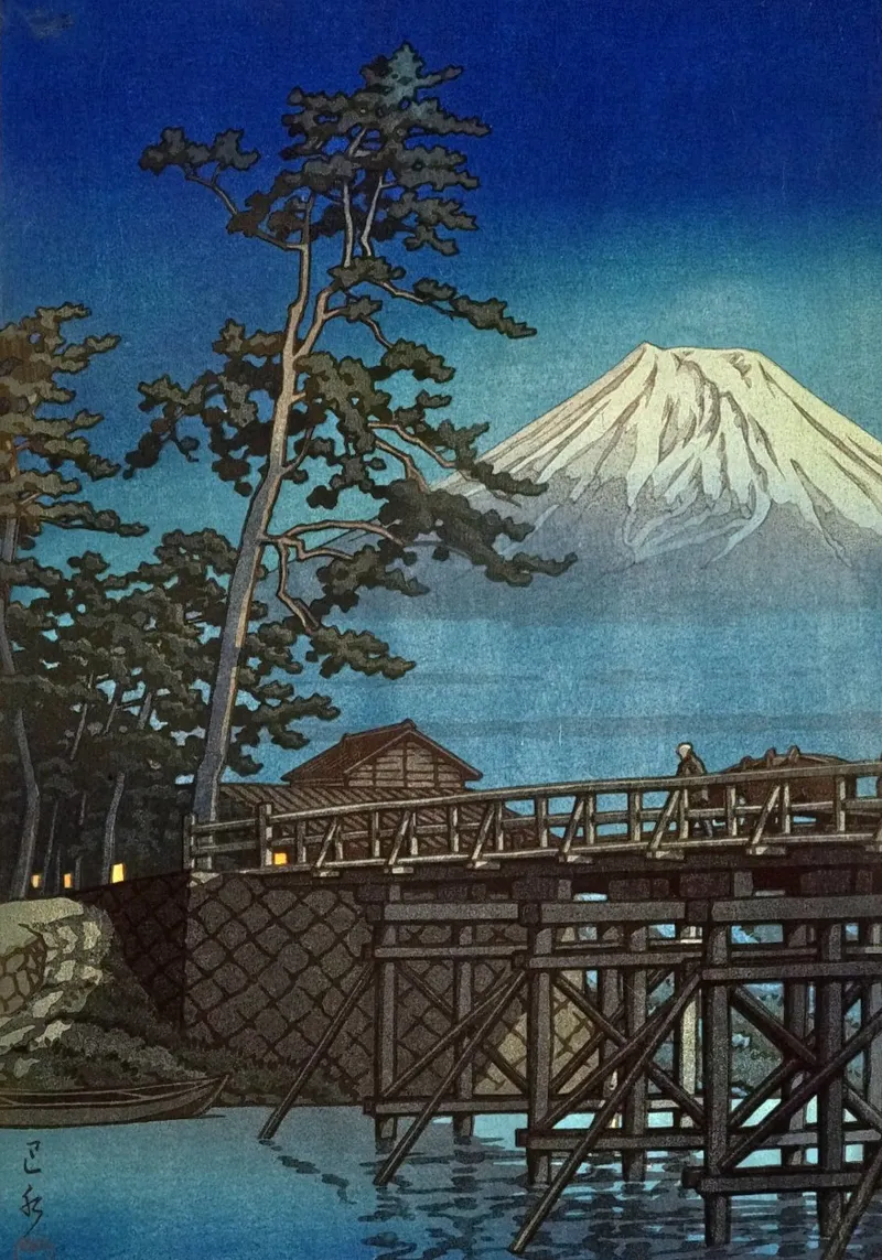Ukiyo-e: Mt. Fuji bij maanlicht, Kawaibashi brug, Hasui canvas met Baklijst van Aesthetic Muse