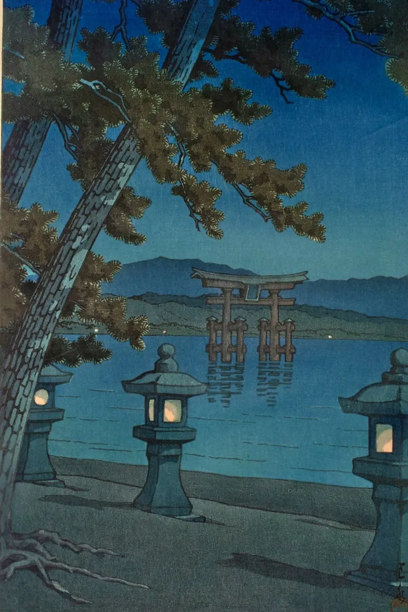 Ukiyo-e: Paesaggio giapponese, Notte di luna a Miyajima Hasui poster con telaio in legno da Aesthetic Muse