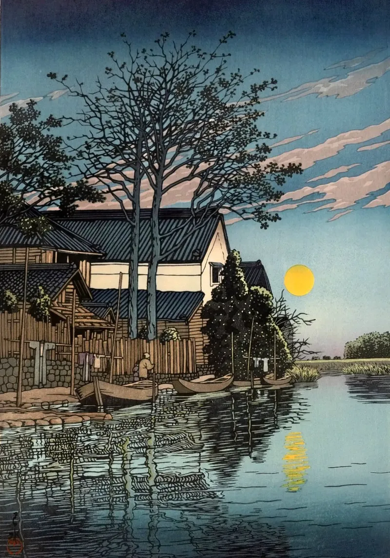 Ukiyo-e: Paesaggio giapponese in xilografia, Sera a Itako poster da Aesthetic Muse