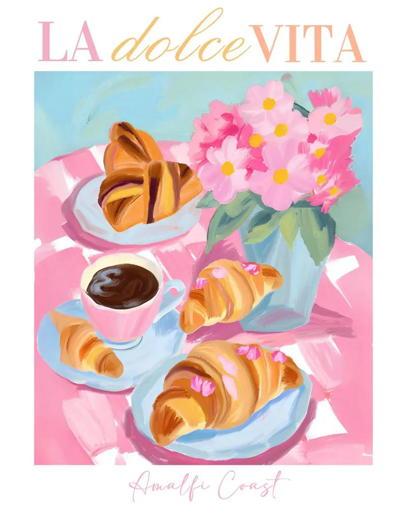 Amalfikust Poster, Croissants en Espresso Ontbijt Print canvas met Baklijst van Bella Studio