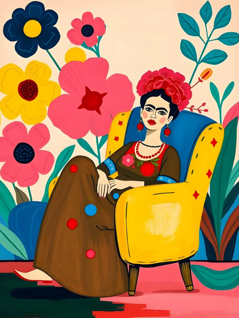 FRIDA KAHLO ZITTEND IN STOEL canvas met Baklijst van ARTOMATIC