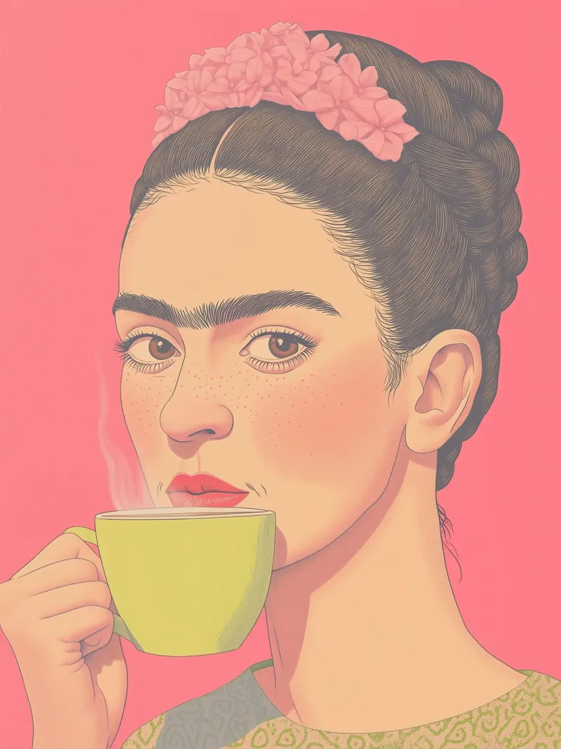 🌸 Frida & Kaffee - Feminine Rosa Ästhetik Kunstdruck Poster von Kaji