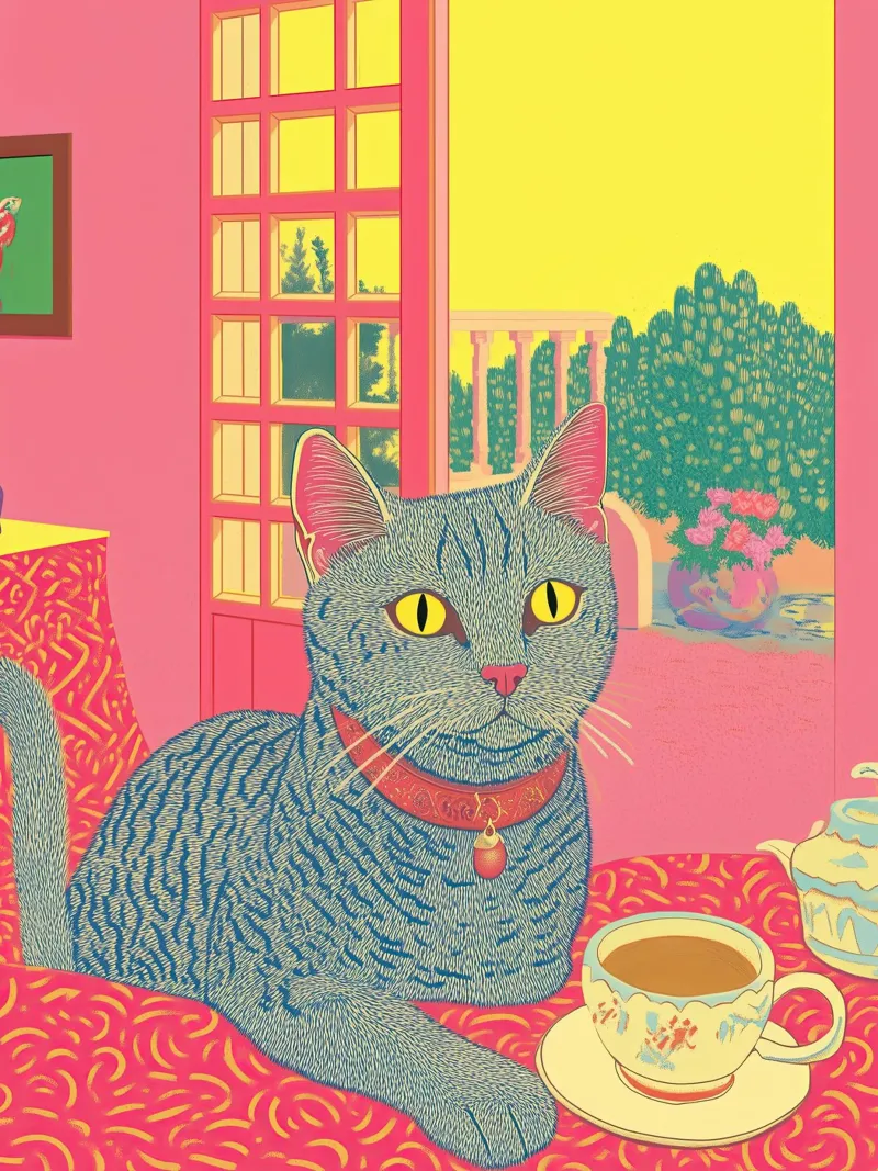 🎨 Van Gogh Katze & Kaffee - Skurriler surrealer Kunstdruck Hahnemühle von Kaji