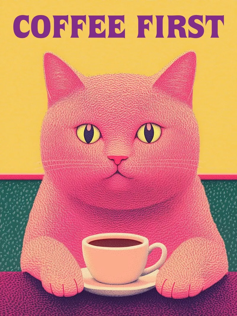 🐱☕ Coffee First – Funny Cat & Coffee Wall Art Print hahnemühle by Kaji
