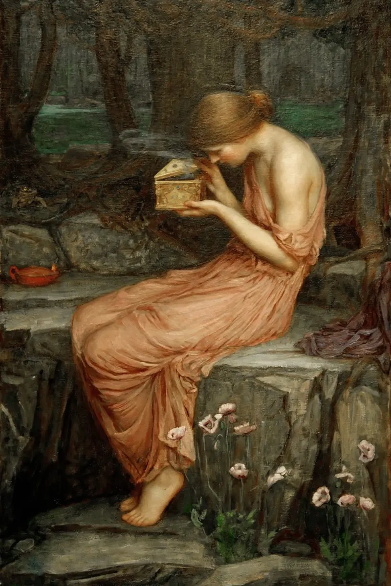 John William Waterhouse - Psyche opent de gouden doos canvas met Baklijst van Timeless Artworks