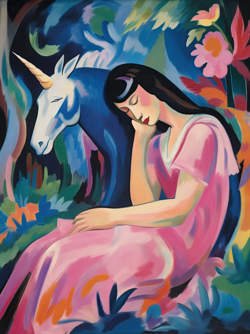 Donna con unicorno | Quadro di ispirazione espressionista poster da Autofocus