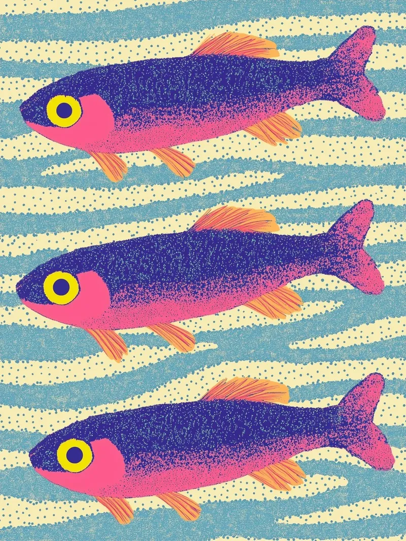 Tropischer Fisch Meer Sardine Lebendige Farbe Ozean Küste Poster mit Holzrahmen von Kaji