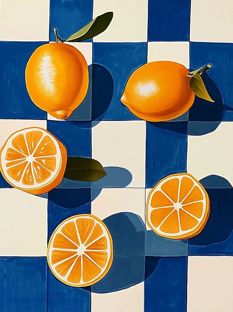 Limoni e scacchiera blu poster con telaio in alluminio da Spice & Style