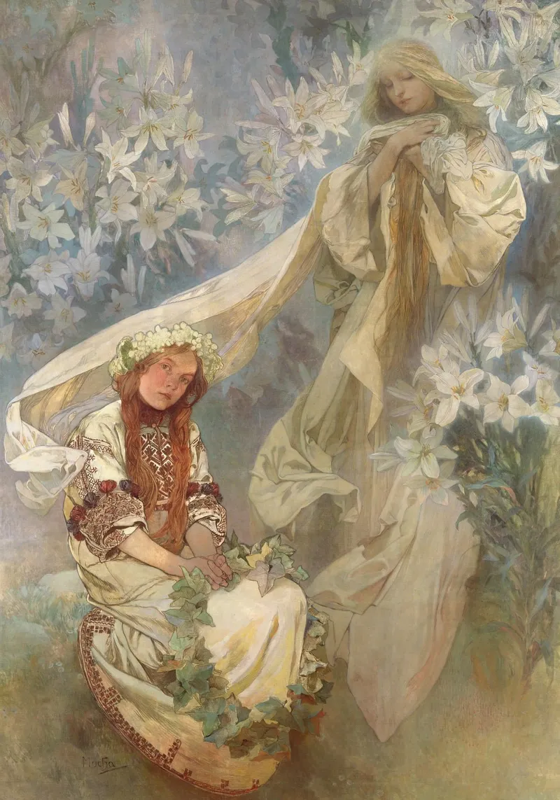 Alphonse Mucha - Madonna dei Gigli poster con telaio in legno da Timeless Artworks