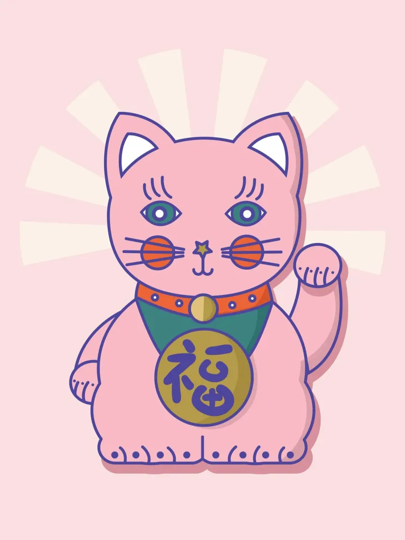 Pink Maneki-neko Lucky Cat Art Print - Japanese Culture poster con telaio in legno da showmemars
