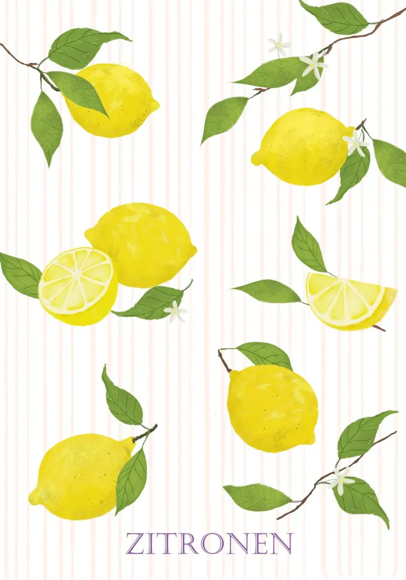 Limoni con foglie e fiori poster con telaio in legno da Farbwelten