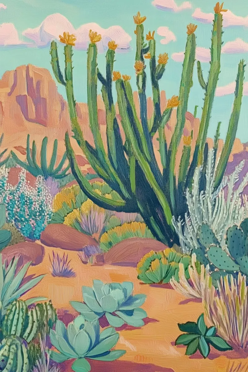 Vibrante paesaggio desertico con cactus carta hahnemühle da Melloi Art Print
