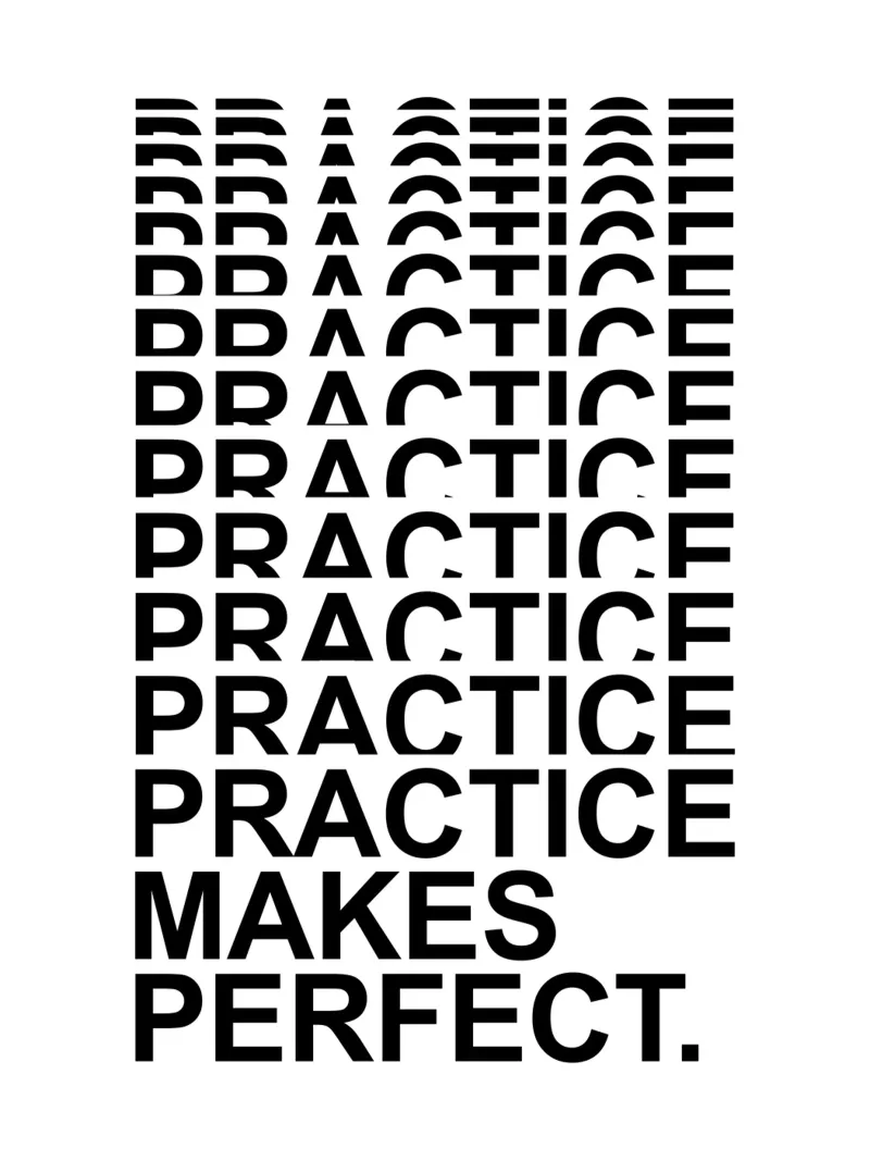 La pratica rende perfetti | Citazione motivazionale poster con telaio in alluminio da Inspirify