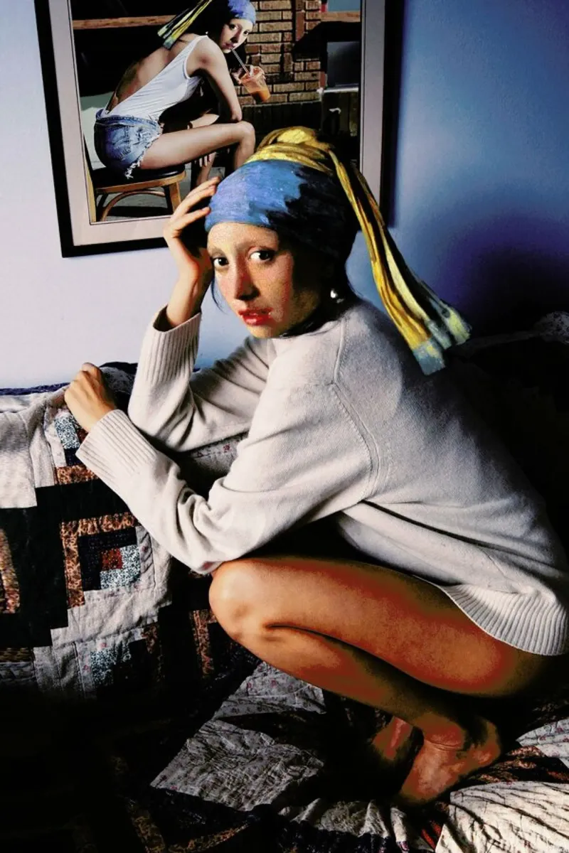 Girl with Pearl Earring Double poster con telaio in legno da Paste in Place