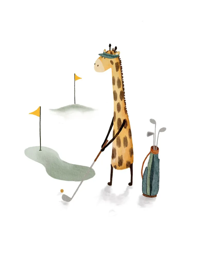 Stampa d'arte per la cameretta della giraffa che gioca a golf poster da Urchin Bay Art
