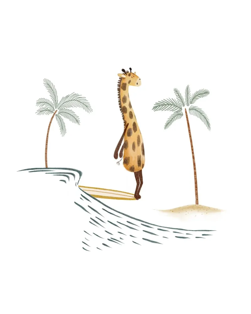 Whimsical Surfing Giraffe Illustration for Kids Spaces canvas with Floater frame by Urchin Bay Art