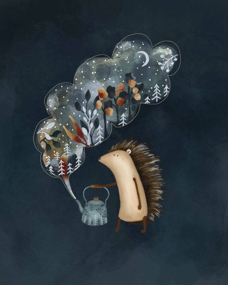 Illustration de l'heure du thé en forme de hérisson pour les espaces douillets poster de Urchin Bay Art