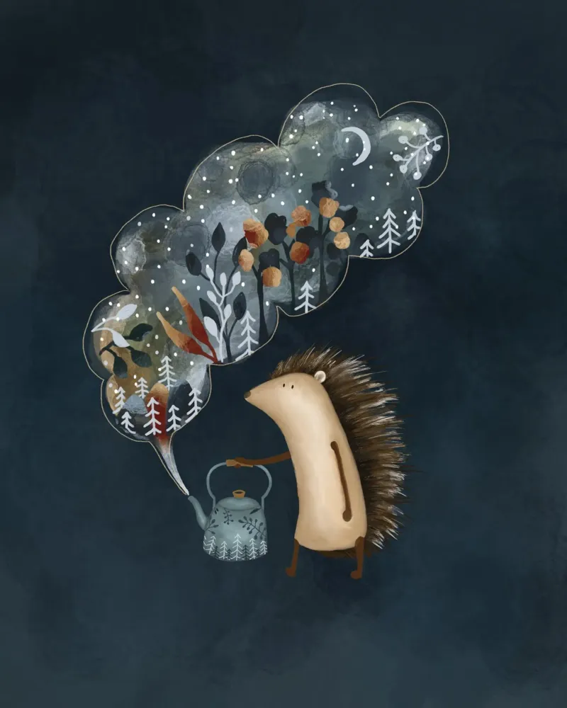 Bezaubernde Igel-Teezeit-Illustration für gemütliche Räume Leinwand von Urchin Bay Art