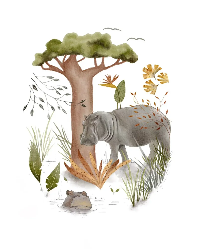 Arte dell'ippopotamo e dell'albero safari per l'arredamento della natura poster con telaio in alluminio da Urchin Bay Art
