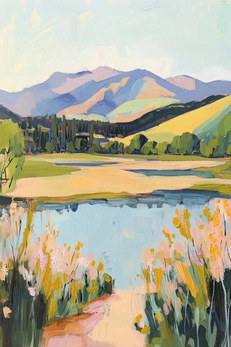 Paesaggio dipinto di montagne e lago pellicola backlit da Melloi Art Print