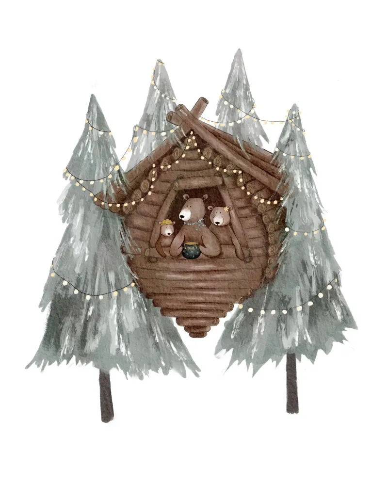 Arte della casa sull'albero della famiglia di orsi con luci di fata poster con telaio in plastica da Urchin Bay Art