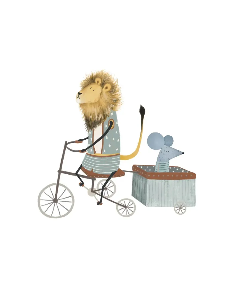 Opera d'arte di un'avventura in bicicletta con un leone e un topo stravaganti carta hahnemühle da Urchin Bay Art