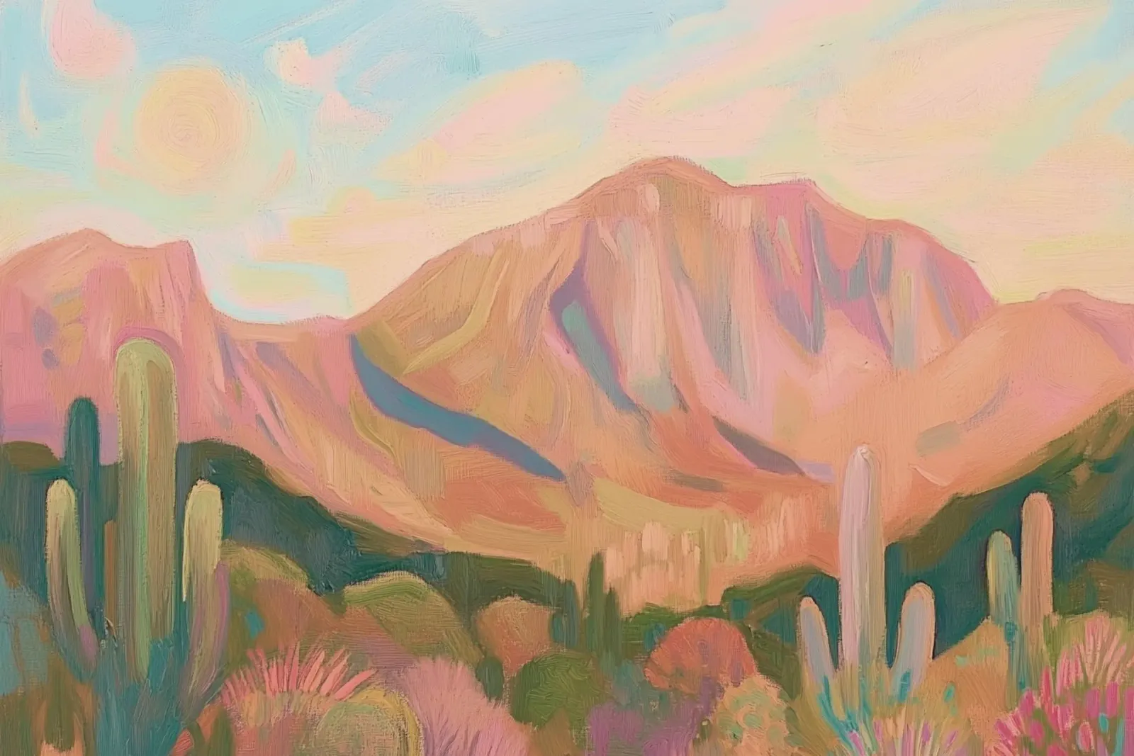 Paesaggio desertico dipinto con cactus e montagne pellicola backlit da Melloi Art Print