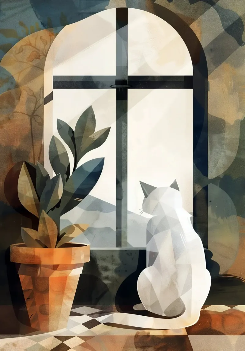 White cat and window canvas by Justyna Jaszke JBJart