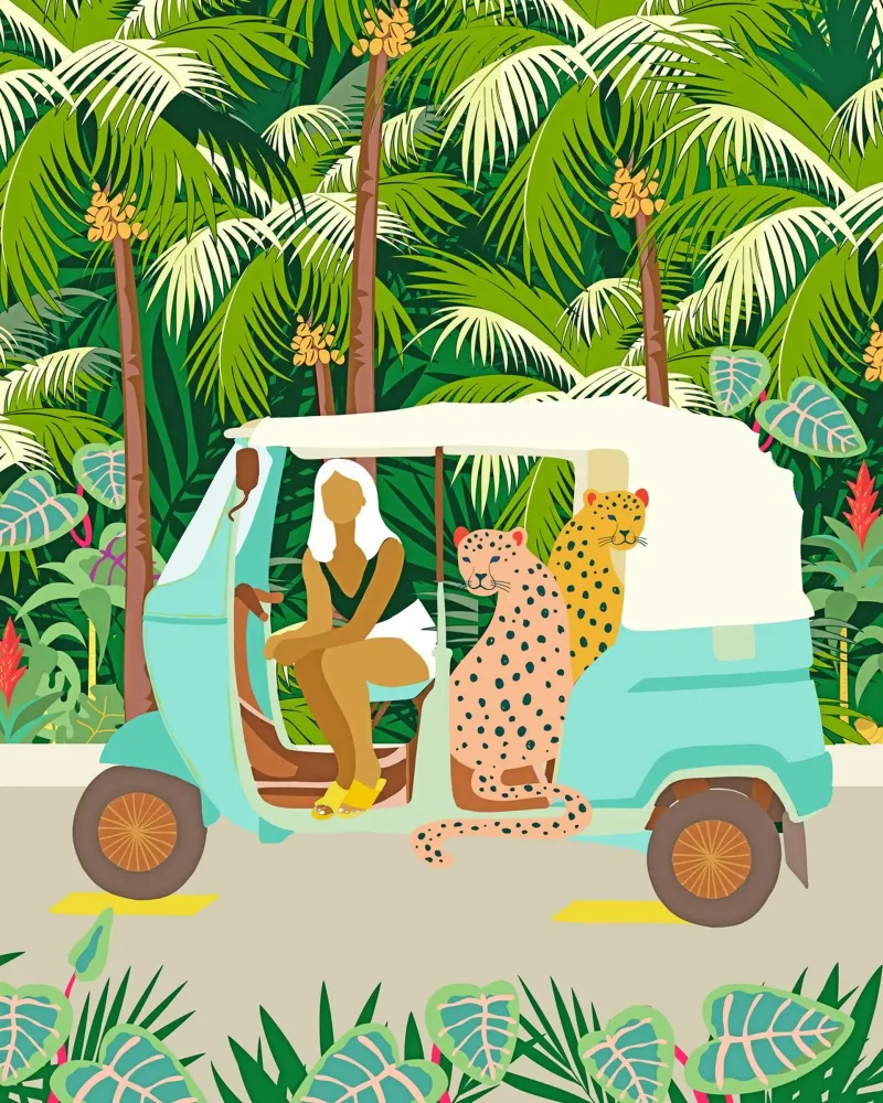 Giro in Rikshaw con i leopardi di Giava nella giungla tropicale di Bali alluminio dibond da 83oranges