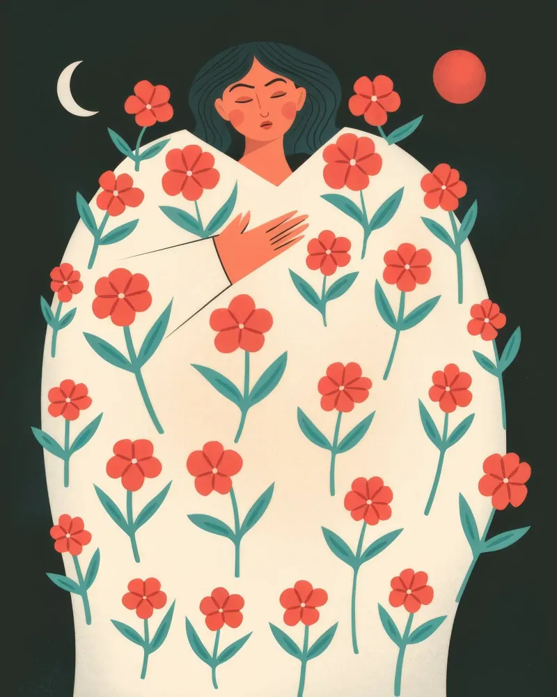 Beatitudine del comfort in petali poster con telaio in legno da Prism Palette