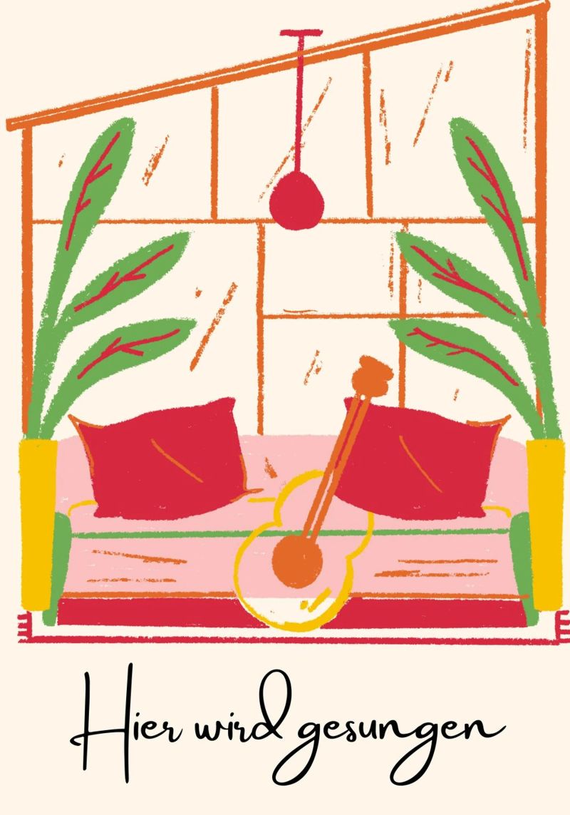 Gemütliche Musikecke Illustration – „Hier wird gesungen“ Poster von PrintCessStudio