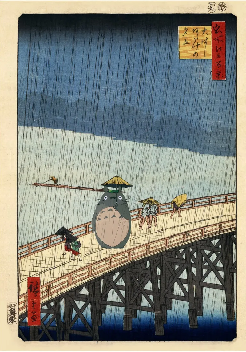 Totoro op de brug in de regen - Hiroshige Parodie poster met kunststof frame van Mashtup