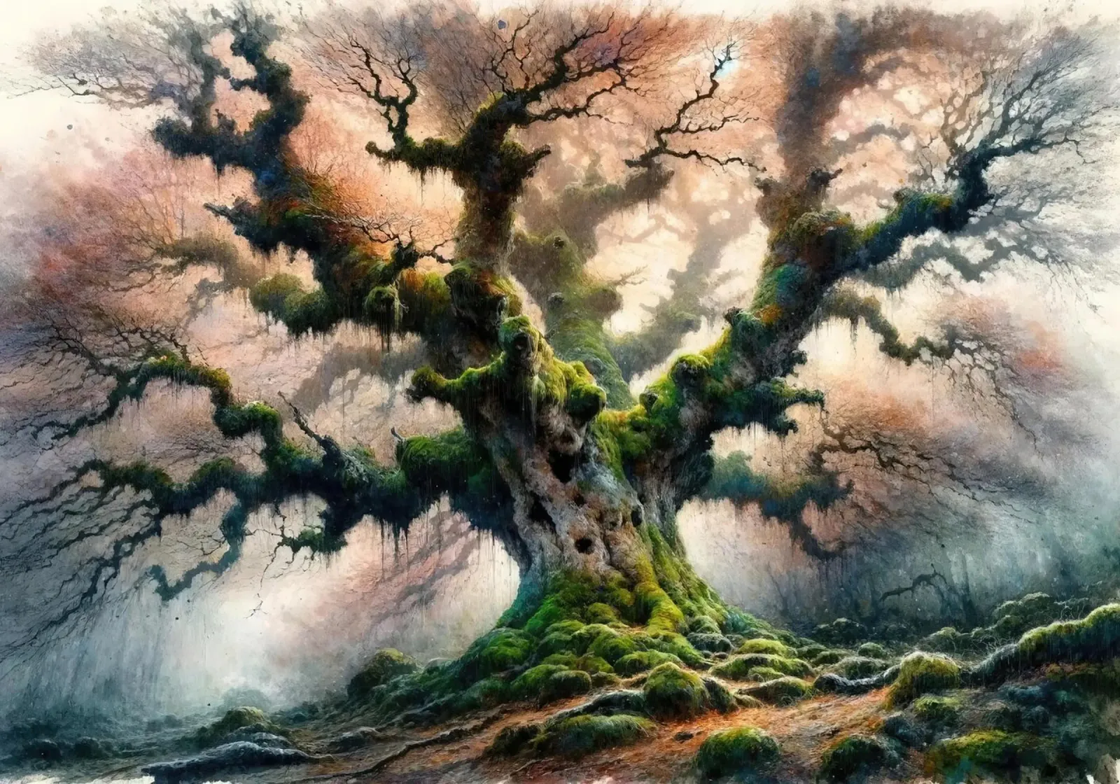 L'antico albero sussurra nella nebbia del mattino pellicola backlit da Chromatic Fusion Studio