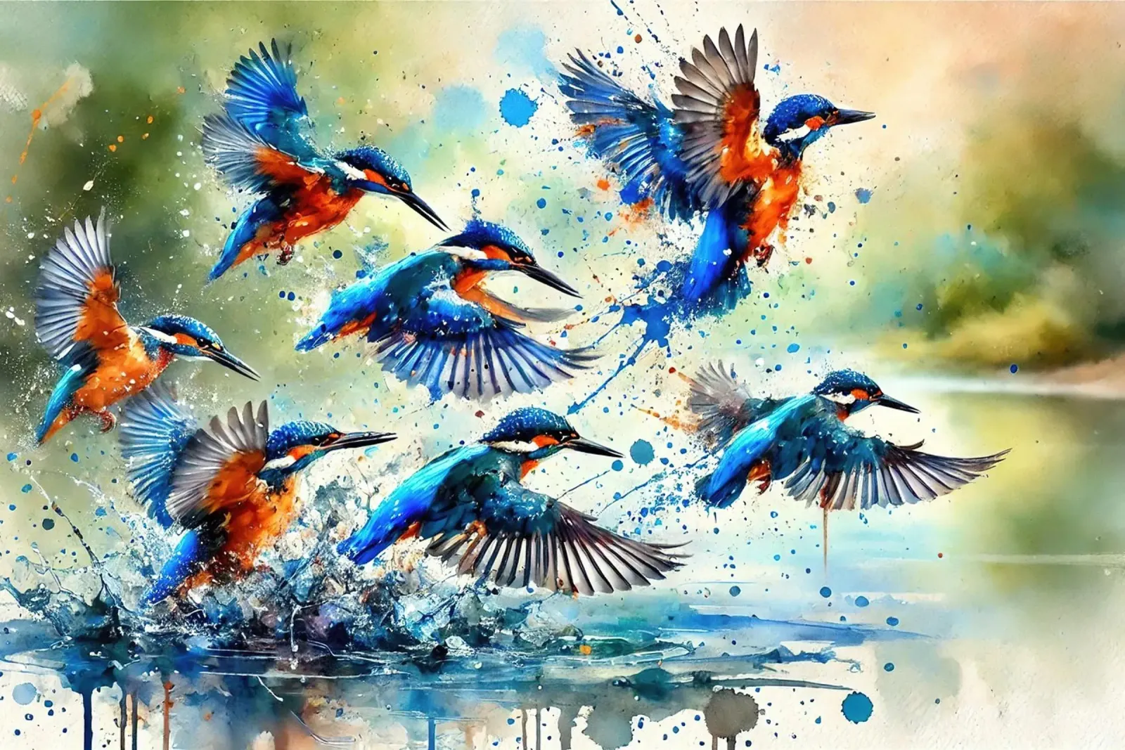 Volo d'acqua dei martin pescatori poster con telaio in alluminio da Chromatic Fusion Studio