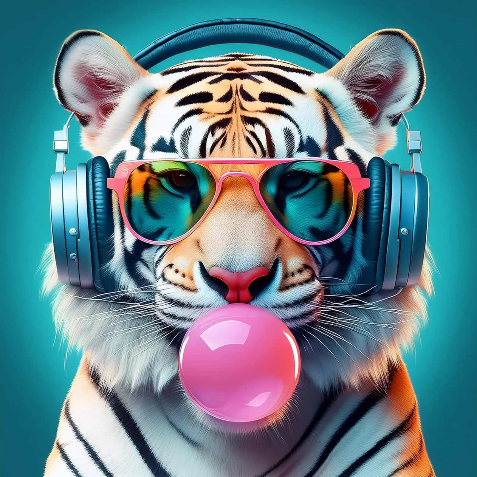 Impresión artística de un tigre guay - Auriculares funky y chicle poster de FlexiDesignsByK