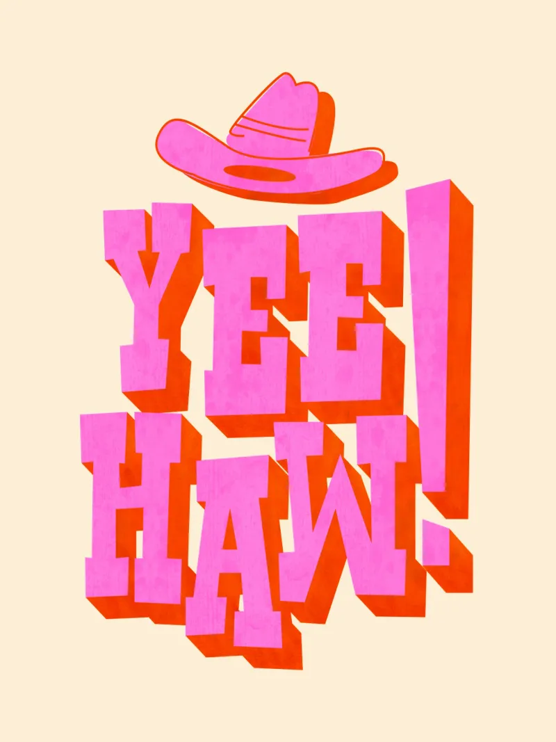 Tipografia retrò occidentale Yeehaw - Arte del cowboy rosa e arancione poster con telaio in legno da showmemars