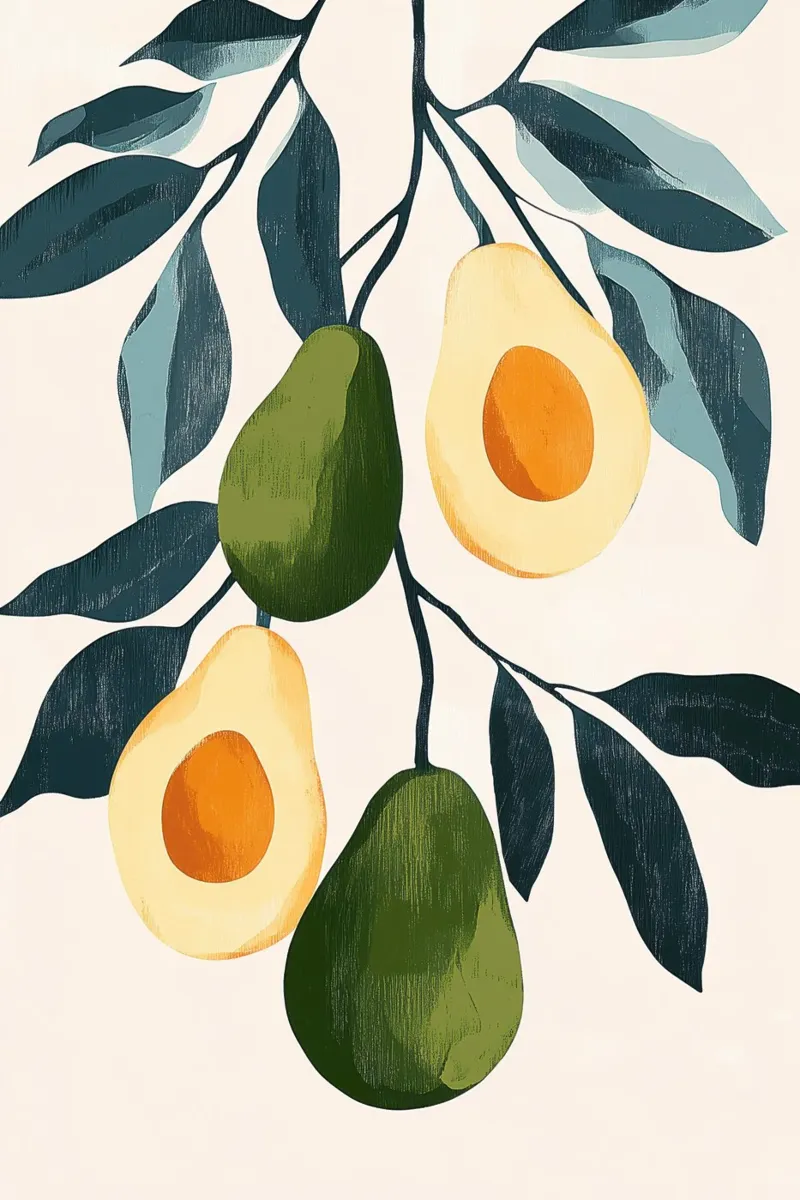 Illustrazione di avocado con foglie pellicola backlit da Melloi Art Print