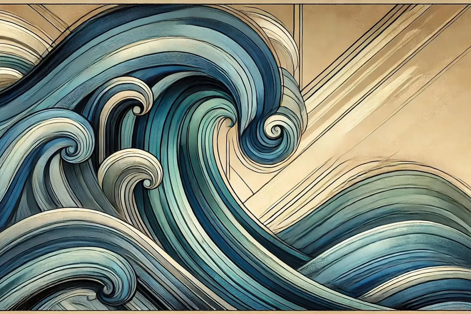 Abstracte oceaangolven in art deco canvas van Chromatic Fusion Studio