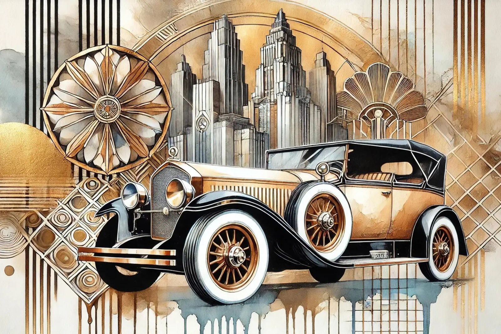 Voiture classique avec touche Art déco poster de Chromatic Fusion Studio